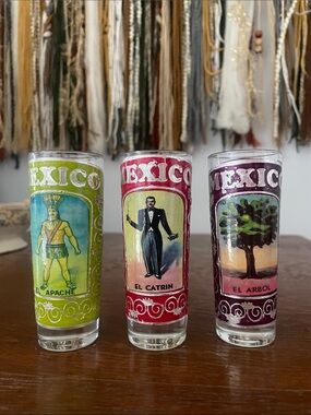 Set of 3 Mexico Lotería Style Shot Glasses - Green, Red, Purple